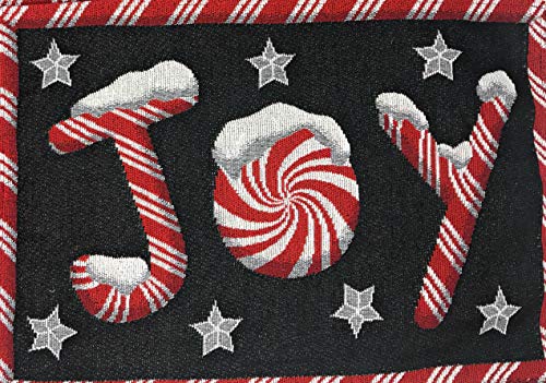 DaDa Bedding Starry Peppermint Joy Placemats - Set of 4 Festive Christmas Winter Holiday Tapestry - Red Black & White Cotton Linen Woven Yueltide Dining Table Mats - 13” x 19” (12904) - color: Joy