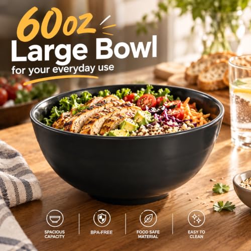 60oz Wheat Straw Bowls, Large Salad Bowls Set of 6 (Black) - color: Black, size: 60 Oz