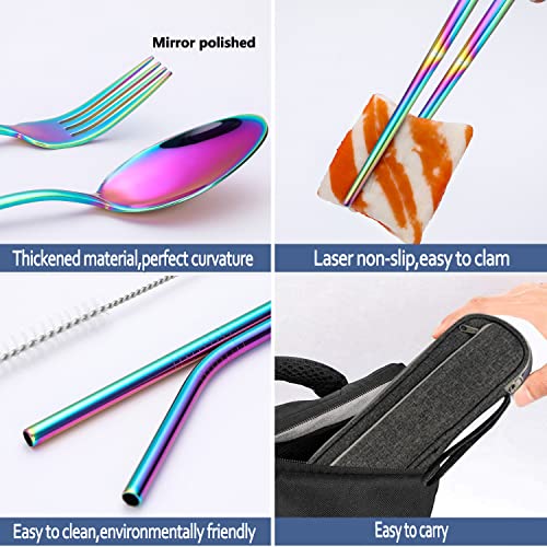 Portable Reusable Travel Utensils Silverware With Case, Camping Cutlery Set, Chopsticks and Straw, Flatware With Case, Stainless Steel Rainbow Top - color: Rainbow A