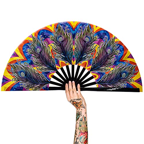 13" Large Rave Fan Bamboo, Folding Clack Hand Fans Foldable for Men Women, Poping Fan for EDM Festival Line Dance Decoration, (Peacock, Large 13") - color: Peacock, size: Large 13"