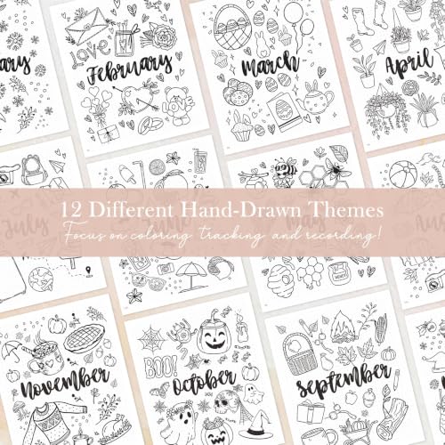 Everloria Premade Dotted Journal Notebook, 12 Months Pre-made Templates, 260 Hand-Drawn Coloring Pages, Undated Weekly & Monthly Planner, 7.8"x9.3" Leather Dot Grid Mood Habit Tracker - color: Floral B