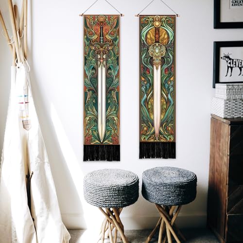 PLIGREAT 2 Pack Fantasy Weapons Vertical Tapestry Swords Aesthetic Wall Hanging for Bedroom Bathroom Living Room Vintage Long Narrow Wall Hanging Dorm Room Home Art Decor - color: green,brown