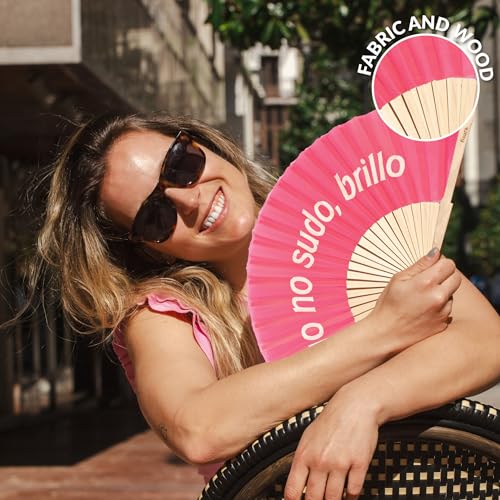 Fisura – Original pink folding fan with message “brillo”. Wooden handheld fan for women with hanger. Lightweight accessory for weddings, parties, birthdays, festivals and unique gift ideas. - color: Brillo, Pink