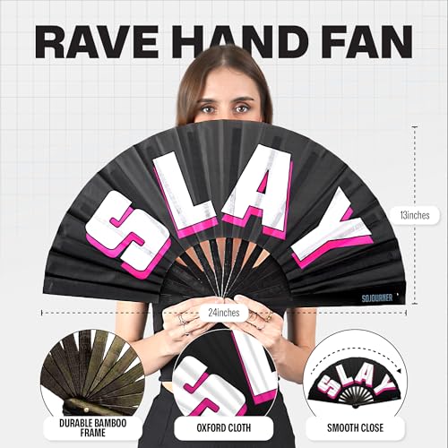 SoJourner Bags Slay Rave Fan - Large Folding Clack Fan for Men and Women - Rave Accessories for EDM, Line Dancing, Cosplay, Concerts and More - color: Slay