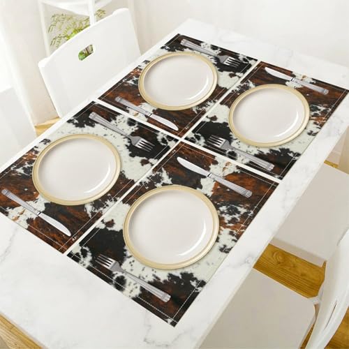 Cow Print Placemats Set of 4 – Western Farmhouse Table Mats with Rustic Brown Black White Cowhide Pattern, Durable Polyester Linen for Kitchen Dining Decor, Washable & Quick Dry - color: Fur Print, size: 12x18"Placemats x4