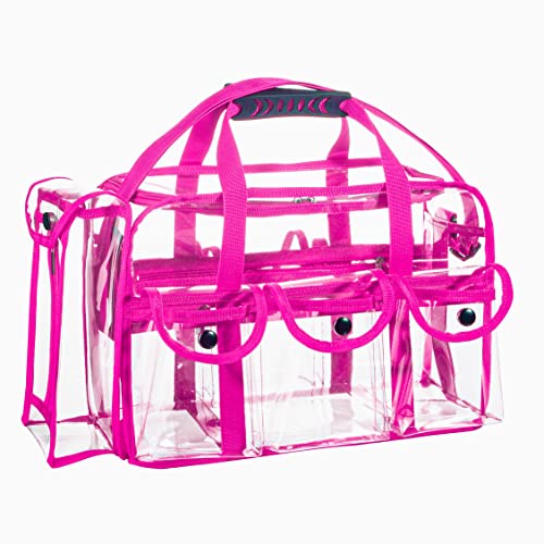 Wide Opening Large Professional Clear PVC Travel Makeup Artist Set Bag Cosmetic Nails Beauty Bags Transparent Vinyl Tool Organizer Beach Bags Diaper Bag with 6 External Pockets & Strap (Pink) - color: Pink