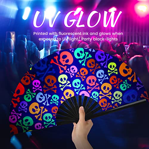 SYNTECSO Folding Hand Fan for Rave, UV Glow Clack Fan - color: Skulls