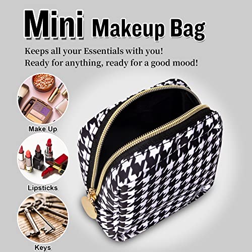 Nylon Mini Makeup Bag for Purse, Small Cute Makeup Bag Preppy Cosmetic Zipper Pouch Purse, Waterproof Travel Coin Pouch Sanitary Napkin Storage Bag Makeup Organizer for Women Girls(Black Houndstooth) - color: Black Houndstooth, size: Mini