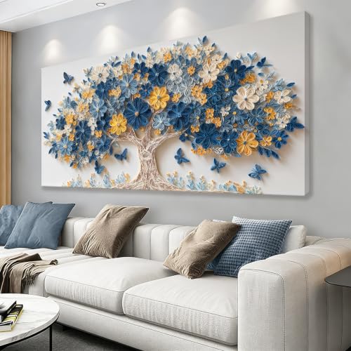 Blue Floral Tree Butterfly Canvas Wall Art Decor for Living Room 20"X40" - color: LAI-13H, size: 40"L x 20"W
