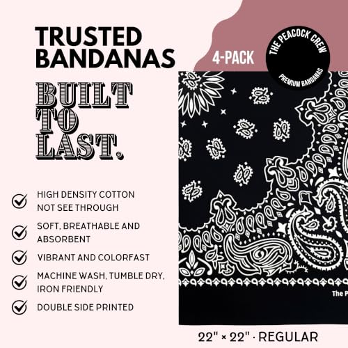 The Peacock Crew Premium Soft Cotton Bandanas Pack for Men and Women Paisley 22 x 22 inches - color: Pack of 4 Black White