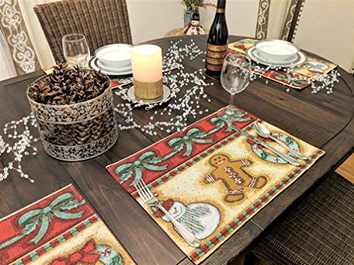 DaDa Bedding Gingerbread Snowman Sweets Placemats - Set of 4 Festive Christmas Wreath Holiday Tapestry - Cotton Linen Woven Dining Table Mats - 13” x 19” (12917) - color: Gingerbread