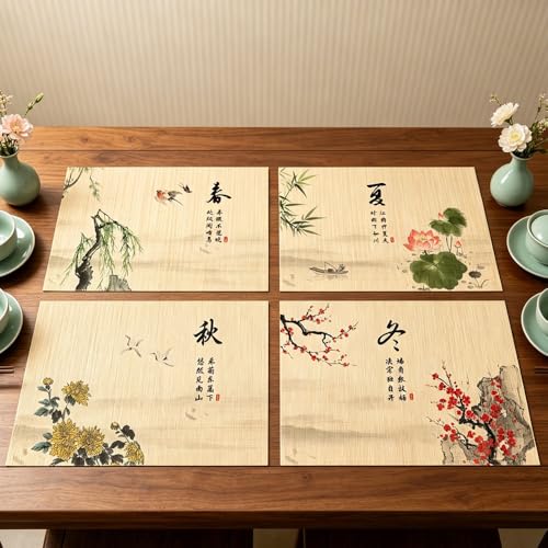 Bamboo Placemats Set of 4, Asian Style Table Mats Ancient Chinese Paintings Zen Floral Place Mats for Indoor Outdoor Kitchen Dining Table (Four Seasons, Set of 4) - color: Four Seasons