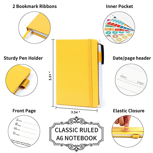 feela 3 Pack Pocket Notebook Journals with 3 Black Pens, A6 Mini Cute Small Journal Notebook Bulk Hardcover College Ruled Notepad with Pen Holder for Office School Supplies, 3.5”x 5.5”, Yellow - color: A6 3 Yellow