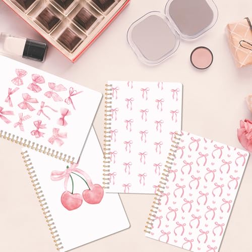 CNhoqc Pink Spiral Journal Notebook, 4Pcs A5 Watercolor Coquette Bow Cherry - color: 4-Pcs Pink Bow-A