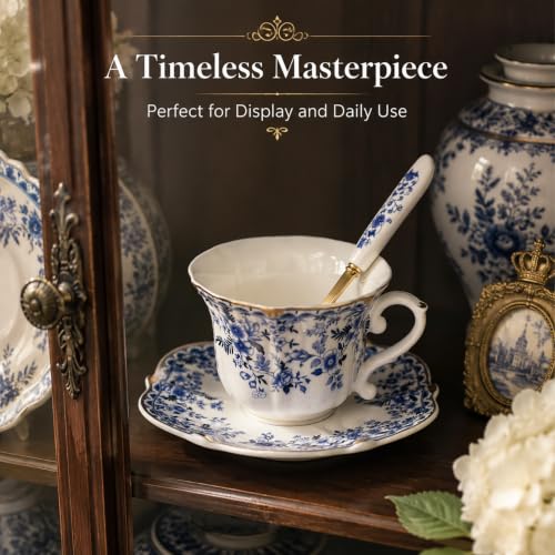 Noviko Blue and White Floral Teacup and Saucer Set with Spoon, 6 oz - color: Blue