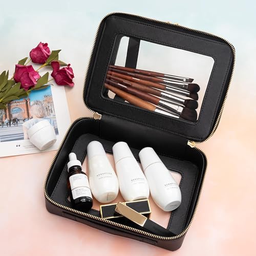Aveniee Clear Makeup Bags,Double Layer Cosmetic Bags with Separate Brush Compartment,Large Travel Toiletry Bag Cosmetic Case,Travel Accessories Organizer for Women,2 Layers,Black - color: Black, style: Dual Layer