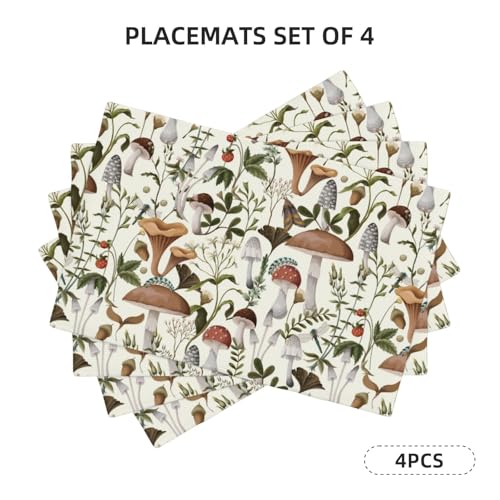 Boho Beige Wild Mushroom Print Placemats Set of 4 12x18 Inch - color: Beige, size: Set of 4