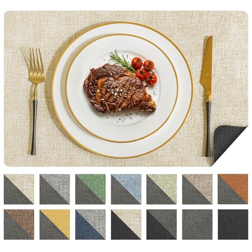 Romanstile Vinyl Placemats Set of 6, Reversible Faux Leather Wipeable Table Mats - color: Grey-beige, size: PCS4