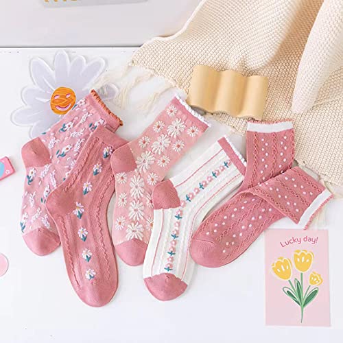 DXYAKY 5 Pairs Womens Floral Cotton Socks Vintage Patterned Crew Socks Novelty Ankle Ruffled Warm Casual Dress Socks - color: 5 Pairs - Pink