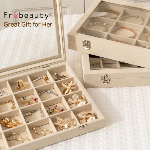 Frebeauty 24 Grid Earring Organizer,Velvet Jewelry Tray with Clear Lid - color: Beige, size: 24 Grid
