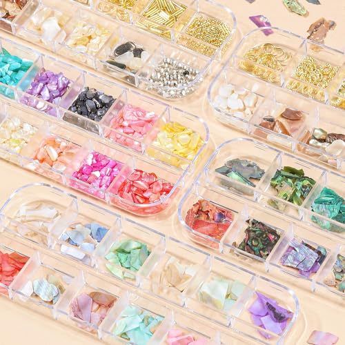 5 Boxes 3D Nail Art Crushed Sea Shell Irregular Iridescent Natural Abalone Seashell Slices Starfish Metal Sea Star Conch Moon Triangle Rivet Gems(sea Shell kit) - color: 2-sea shell kit