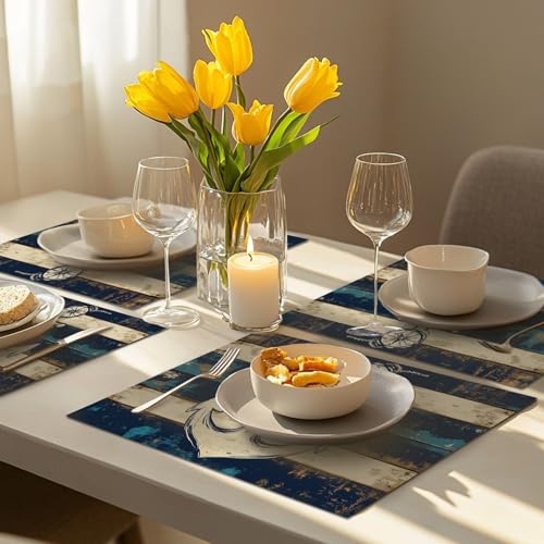 Nautical Placemats Set of 6, Coastal Anchor Place Mats, Rustic Beach Navy Blue Waterproof Washable Table Mats for Home Party Indoor Kitchen Dining Table Decoration 12x18 Inch - color: Anchor, size: Set of 6