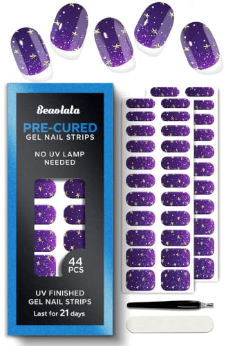 Real Gel Nail Strips (No UV Light Needed) - 44Pcs Salon Quality Nail Stickers - Long Lasting Polish Wraps for Women, Easy Apply & Remove (Deep Purple Star Dust) - color: Deep Purple Star Dust