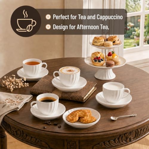 Fine Bone China Cappuccino Cups with Saucers Set of 4, 7 oz - color: 4Pcs Spiral Set, size: 4 Count (Pack of 1)