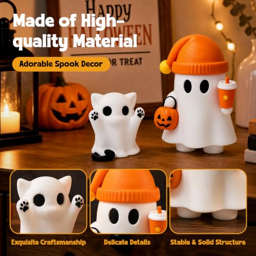 Cute Cat Halloween Ghost Figurine with Pumpkin Bucket and Orange Drink - color: Orange Pumpkin Kitten Ghost