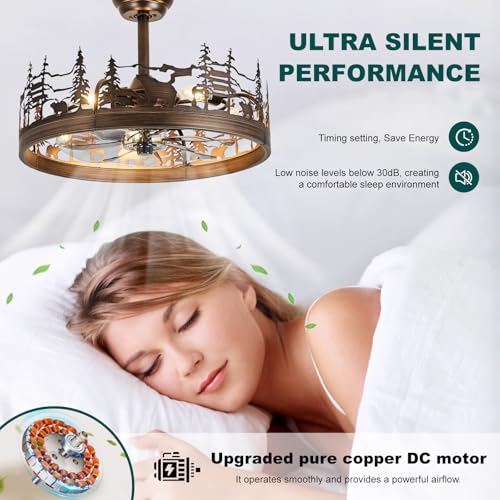 21 Inch Rustic Ceiling Fan with Light and Remote, Flush Mount Farmhouse Bladeless Fandelier, Forest Bear Pattern Chandelier Fan, DC Motor, 6 Speeds, Reversible, for Bedroom Living Room Cabin - color: Oil-Rubbed Bronze