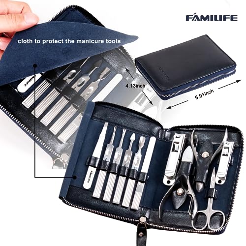 FAMILIFE Stainless Steel Manicure Set 11-in-1 Professional Nail Clipper Kit - color: Navy Blue