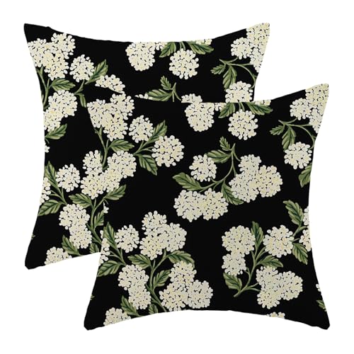 Spring Pillow Covers 18x18 Pack of 2 Black Beige Hydrangea Floral Decorative Throw Pillow Covers Outdoor Decoration Summer Seasonal Flower Pillowcase Farmhouse Linen Cushion Case for Couch Sofa - color: Black Beige Hydrangea Floral, size: 18" x 18" (Pack