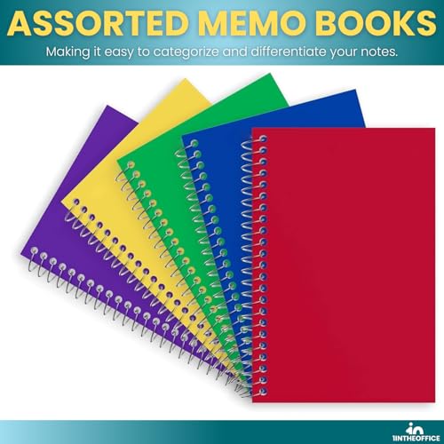 1InTheOffice Wirebound Spiral Memo Books, Memo Pads, 4" x 6", College Ruled, Small Notepad 4x6, Assorted, 50Sheets/Pad, 10 Pads/Pack