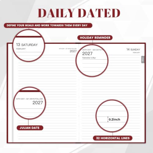 2027 Diary - Diary Full Page Per Day, Daily Planner 2027 - color: Red