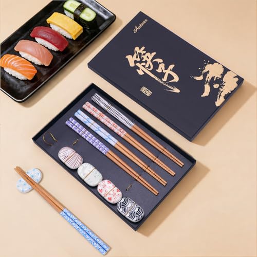 Antner 5 Pairs Reusable Bamboo Chopsticks and 5PCS Ceramic Rests Set, 8.8 Inch Classic Japanese Style Chopsticks with Holders for Sushi Ramen Asian Cuisine, Non-Slip, Black Elegant Gift Box - color: Modern Geometric Pattern Chopsticks Set