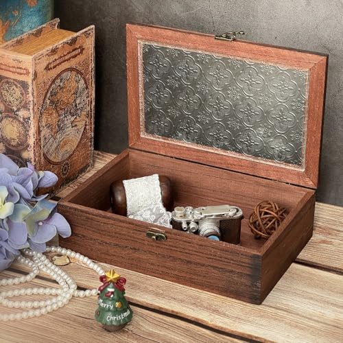 Decorative Box, Vintage Wooden Storage Box with Glass Lid, Keepsake Box, Decorative Storage Box for Photo, Memory, Jewelry, Trinket, Christmas Gift and Home Decoration (Medium) - size: Medium