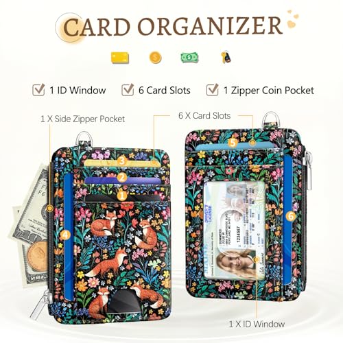 Kelvoris Credit Card Holder Small Wallet Women, Slim RFID, Fox Flowers - color: Fox