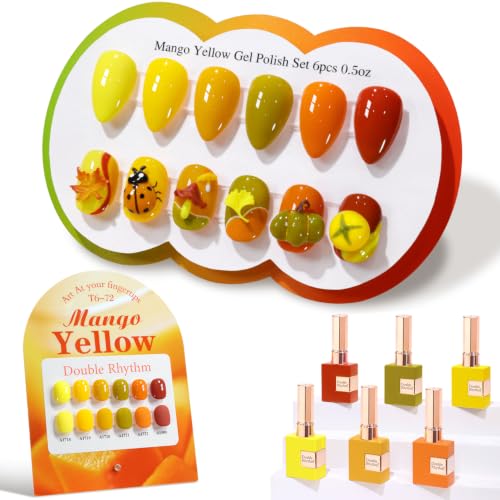 Double Rhythm 6 Pcs 15 ML Gel Polish Set Same Color Same Bottle Soak Off Gel Polish Kit Nail Art Manicure Salon DIY at Home for Women (Pale Dark Orange Lemon Yellow -T6-72) - color: Mango Yellow