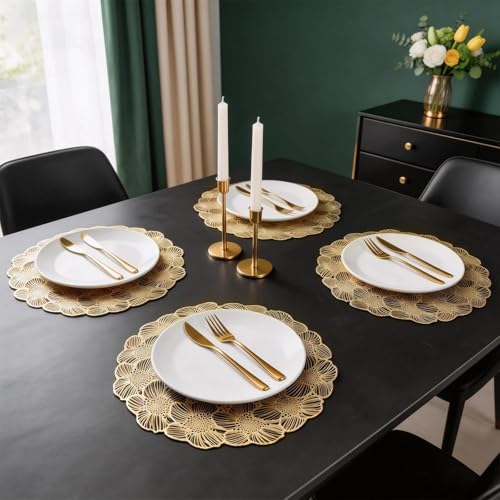 Quantum Love Gold Round Placemats Set of 6 Flower Metallic Circle Vinyl Place Mats 15 Inch Wipeable Hollow Out Table Mat for Anniversary Wedding Events Kitchen - color: Gold Flower