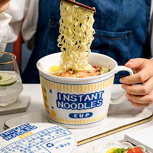34 OZ Ceramic Ramen Bowl with Lid Instant Ramen Noodle Bowl Large Soup Bowl with Handle, Ramen Lovers Gift, Blue - color: Blue