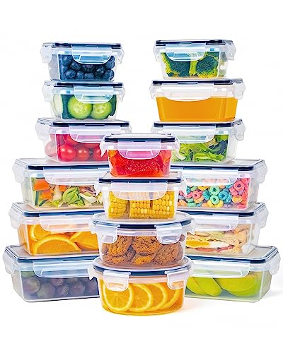 FOOYOO 32 Piece Food Storage Container with Lids (16 Containers + 16 Lids) - Plastic Food Containers with Lid, Airtight Leak Proof Snap Lock, BPA Free Storage Containers - color: Transparent - 32 Pcs