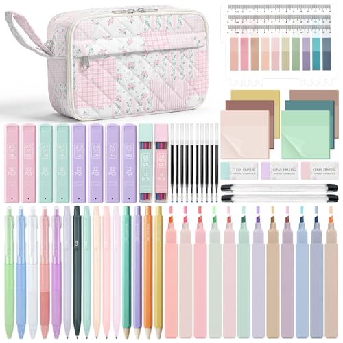 WOBAGMEN 62PCS Aesthetic School Supplies with Quilted Pencil Case, Pastel Highlighters, Gel Pens Mechanical Pencils Set, Cute Back to School Supplies, College Essentials (Pink Floral Patchwork, M) - color: Pink Floral Patchwork