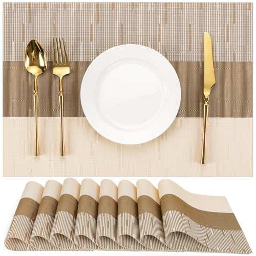 Placemats Set of 8, Vinyl Woven Heat-Resistant Place Mats - color: Beige Light Brown, size: Set of 8