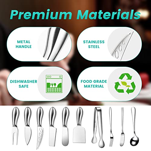 Silver Cheese Knife Set For Charcuterie Board Accessories, Stainless Steel Cheese Slicer And Butter Spreader knives Kit With Serving Tongs, Spoons, Forks, Flags Cheese Markers, Honey Dipper (23 Pack) - color: Silver