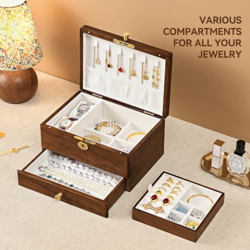 Black Walnut Jewelry Box for Women, 3 Layer Top Lock Wooden Organizer Case - color: 3 Layer Top Lock
