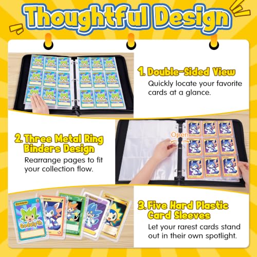 Card Binder, 9-Pocket Design, 900-Card Capacity with 5 Top loaders(Yellow Bolt) - color: Yellow Bolt, size: 9-Pocket