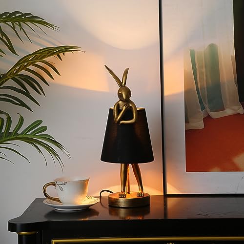 NorDiem LED Bunny Table Lamp, Resin Animal Rabbit Desk Light with Linen Shade, 15.7 Inch Decorative Lamp for Bedroom, Office & Kids Room (15.7" Black Shade) - color: 15.7" Black Shade
