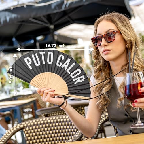 Fisura – Original Black Folding Hand Fan with Message P*to calor, Foldable Wooden Handheld Fan for Women, with Hanger, Perfect for Birthday, Wedding, Party or Gift - color: Calor, Black
