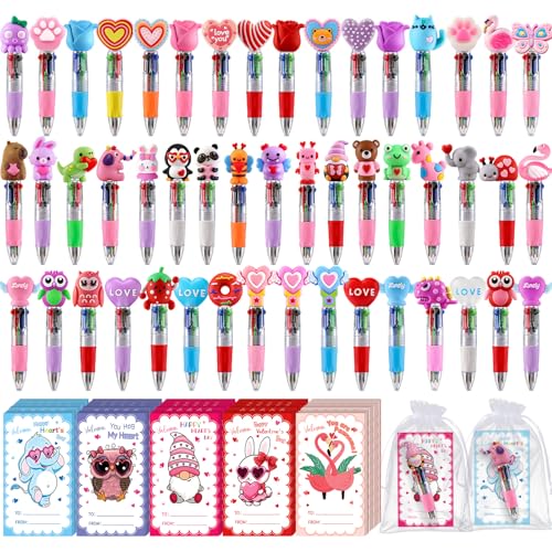 50 Pack Valentines Day 4-in-1 Multicolor Cute Animal Pens with Valentines Cards Bags Retractable Fun Ballpoint Pens Bulk for Classroom Prize Office School Gift Exchange - color: Valentines Multicolor