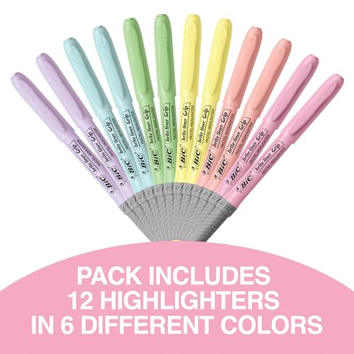 BIC Brite Liner Grip Pastel Highlighter Set, Chisel Tip, 12-Count - color: Pastel, size: 12 Count (Pack of 1)